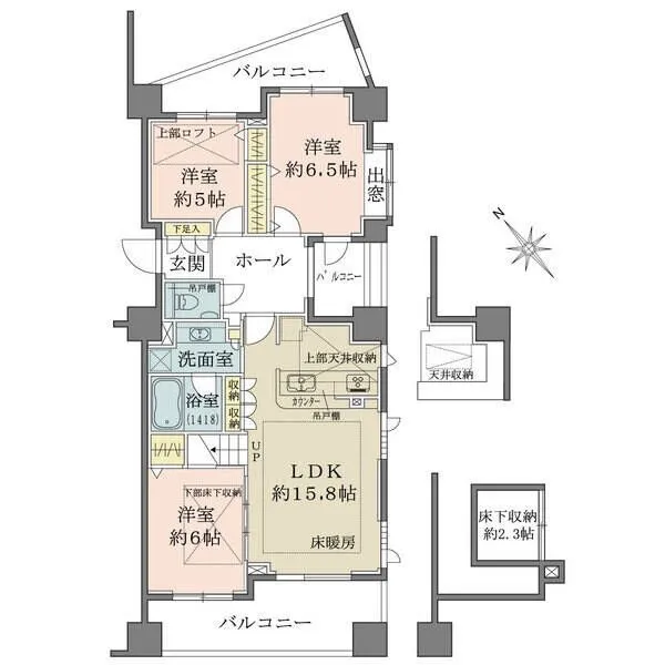 アトラスシアンズ東戸塚 洋室約5帖上部にロフト、洋室約6帖下部に床下収納、キッチン上部に天井収納有り