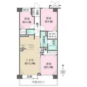 キッチンはLDを見渡せる対面式。約5.3帖の洋室はLDKとの一体利用が可能です。全居室収納付き。