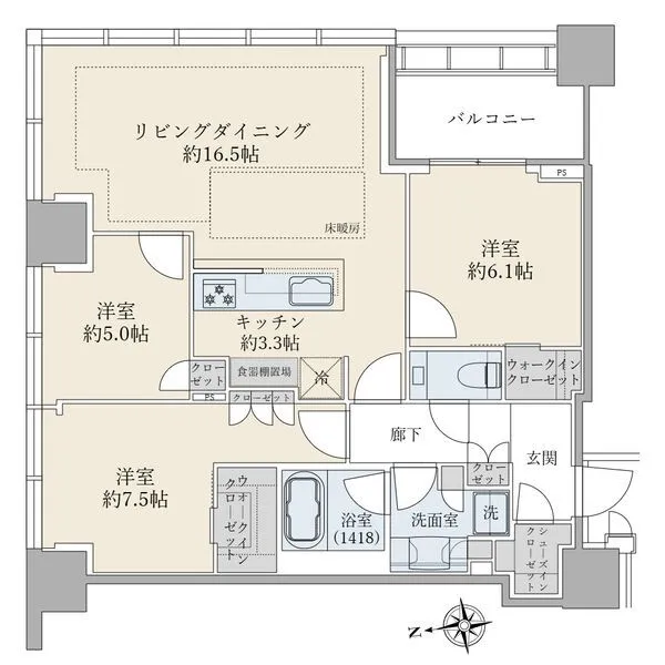 白金ザ・スカイ　東棟 ＊二面採光の開放感溢れるリビング＊東棟２２階／北東角住戸／収納豊富な３ＬＤＫ＋２ＷＩＣ＋ＳＩＣ