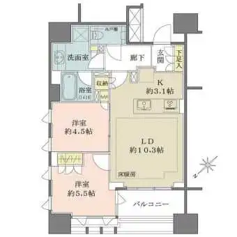 廊下部分が短く、住空間が確保された間取り。バルコニーに面するLDは床暖房付き。全居室に収納有り。