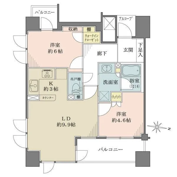 久屋アインス 全居室がバルコニーに面し、陽当り・通風良好で開放的。キッチンはL字型で、作業動線が良好です。