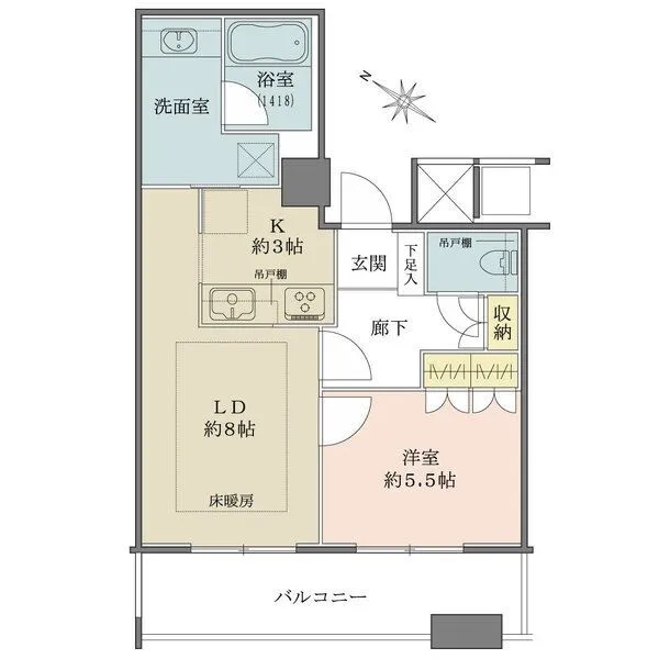 N4.TOWER LDと洋室がバルコニーに面する、明るいレイアウト。廊下面積を抑え、居住空間が広く確保された設計です。