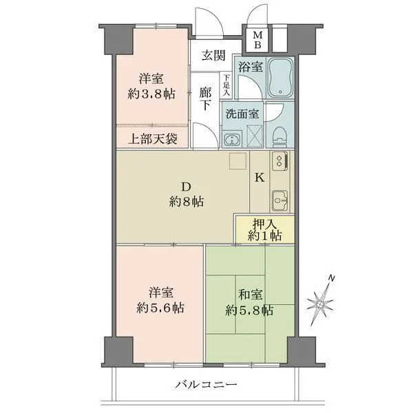 南赤羽グリーンハイツ 専有面積51.55m2の3DK　南東向き　陽当り良好