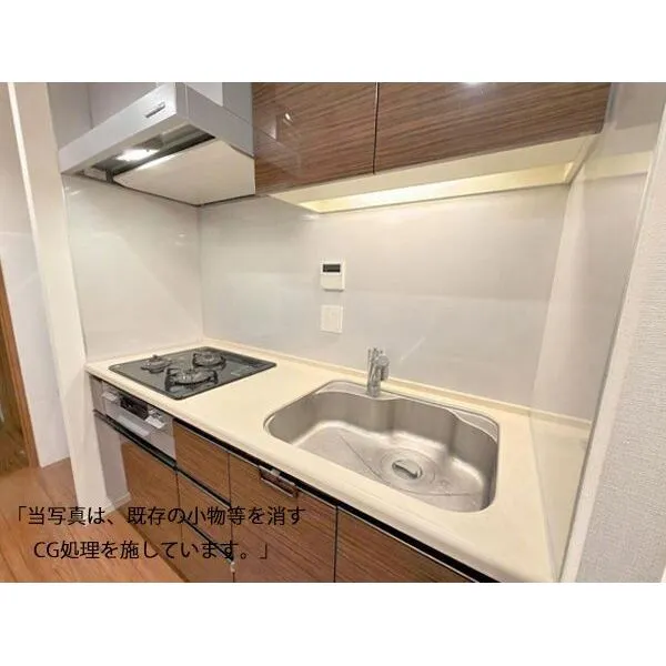 浅草タワー 3口コンロと豊富な収納を備えた、家事効率を高めるシステムキッチン。浄水器付き。※家具消し加工済み