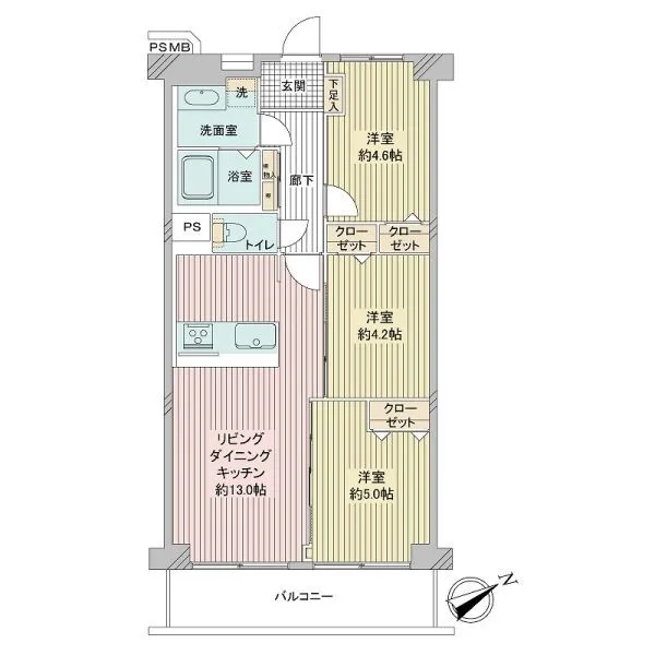 日商岩井鶴見マンション 2階、南東向き、61.60m2３LDKタイプ