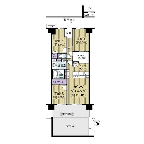 リビオシティ船橋高根台 専有面積74.42m2の3LDKタイプ