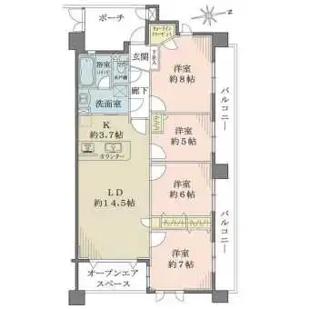 通風良好な角住戸。洗面室はキッチン・廊下から出入り可能で、動線良好。エスコートポーチ付きです。