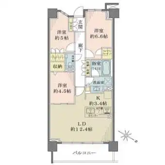 LDKは隣室と一体利用し、ゆったりと寛げます。LD部分に床暖房搭載。各洋室・廊下・洗面室に収納有。