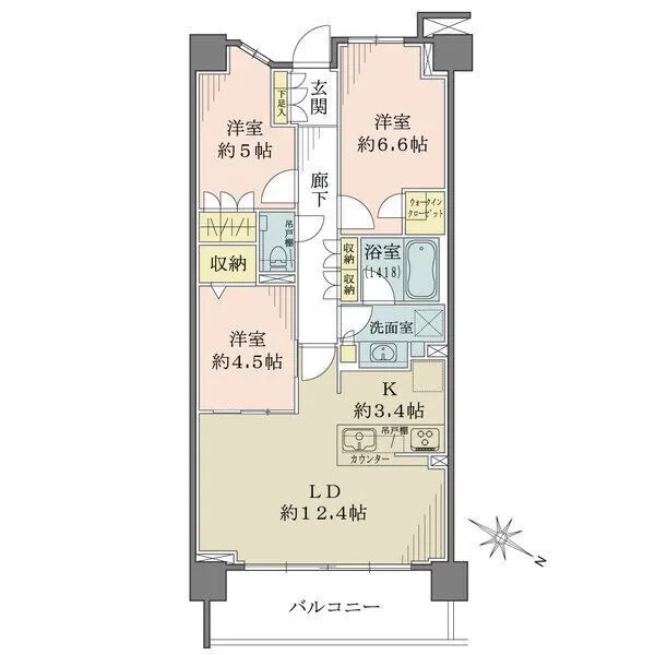 ブランズ宮崎台プレイス LDKは隣室と一体利用し、ゆったりと寛げます。LD部分に床暖房搭載。各洋室・廊下・洗面室に収納有。
