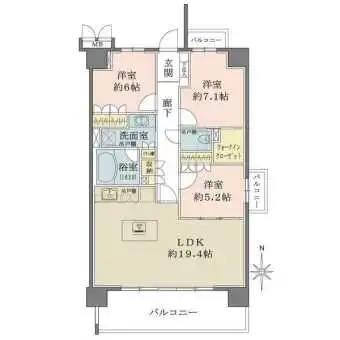 地上9階建ての7階に位置する南東角住戸。眺望・通風良好です。全居室5帖以上。収納スペースが豊富です。