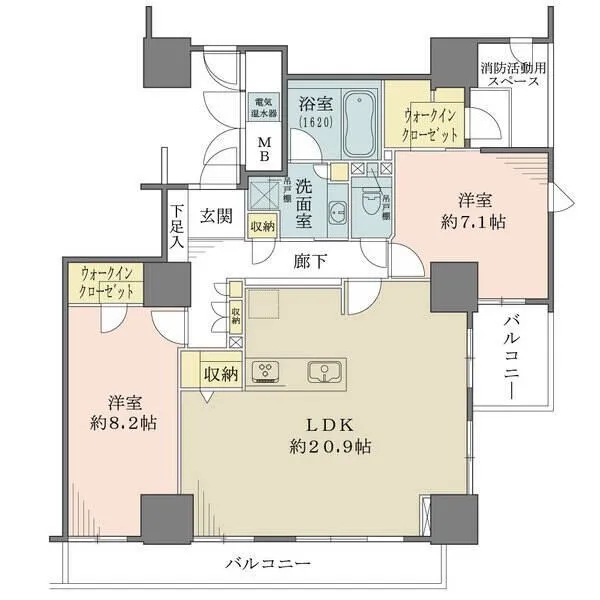 グランスイート中之島タワー ウォークインクローゼット、LD内収納など収納豊富です。浴室は1620サイズ。2面バルコニー有り。
