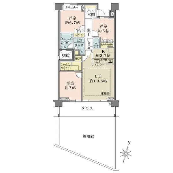 パークハウス　ザ　ガーデン 専用庭付き、陽当り良好な南向き住戸。ウォークインクローゼットや納戸など、収納豊富な間取りです。