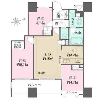 LD含む3居室が東向きのレイアウト。廊下面積を抑え、住空間が広く確保された設計です。全居室収納有り。