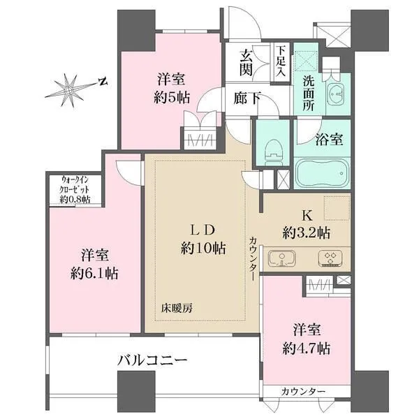 ザ・パークハウス浅草橋西レジデンス LD含む3居室が東向きのレイアウト。廊下面積を抑え、住空間が広く確保された設計です。全居室収納有り。