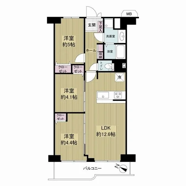 千里山グランドコーポ 専有面積61.60m2の3LDK