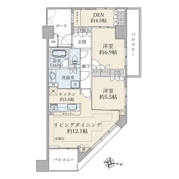 Ｄ’グラフォート世田谷芦花公園 【間取図】２ＬＤＫ＋ＤＥＮ　７３．７６平米（約２２．３１坪）
