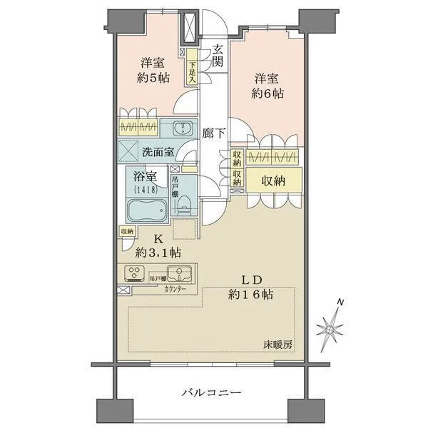 ザ・パークハウス横浜吉野町 南東向きにつき、陽当り・通風良好。LDは床暖房搭載。各洋室やLD、廊下などに収納が備わっています。