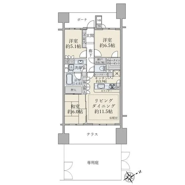 ブリリア調布国領 間取図　３ＬＤＫ＋Ｎ＋ＷＩＣ　約７６．５２平米　専用庭付住戸