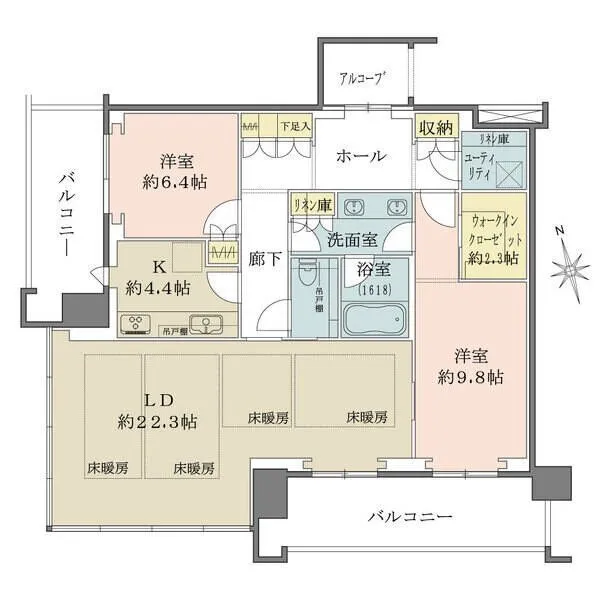グラングリーン大阪 THE NORTH RESIDENCE LDは約22.3帖×コーナー窓で開放的な室内。水回りを中心にぐるりと回遊できる機能的な間取りです。