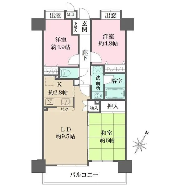 リーベスト横浜ポートサイド 南東向きバルコニーにLDKと和室が面した、陽当り良好な住まい。洋室2室は振り分けタイプです。