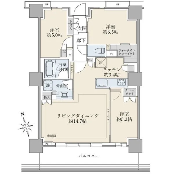 ブリリアタワー聖蹟桜ヶ丘ブルーミングレジデンス 3LDK、専有面積76.23m2、バルコニー面積13.41m2