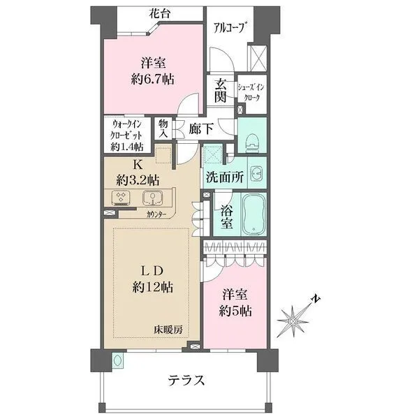 BELISTA横濱上永谷 陽当り・通風良好なテラス付き住戸。全居室＆廊下部分に収納付き。玄関前には独立性を高めるアルコーブ有。