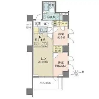 北・東角部屋の開放感と、ゆとりあるLDKが魅力の2LDKの間取り。