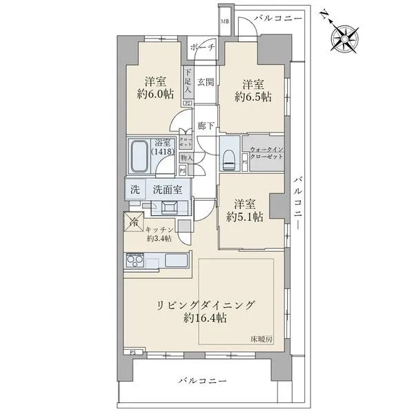 ブリリアときわ台ソライエレジデンス 間取り図■ＬＤには足元からやさしく暖めるＴＥＳ式温水床暖房付
