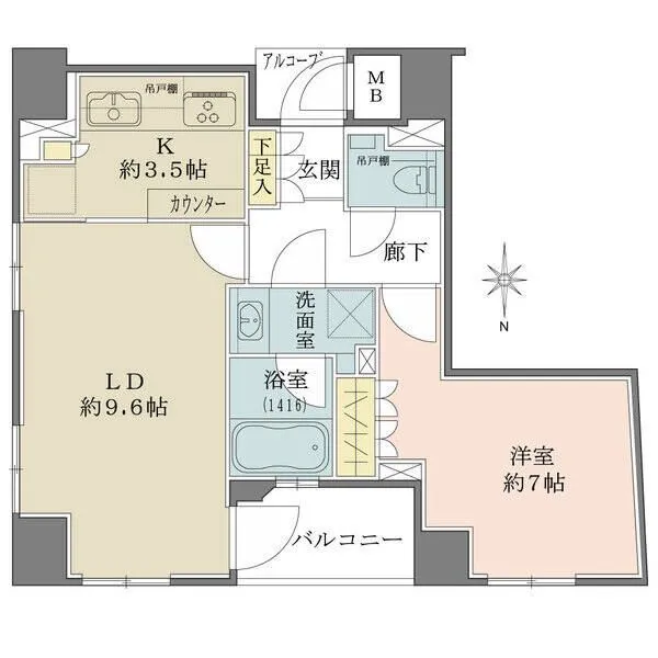 パラドール烏丸御所南グランデ 角住戸のため、プライバシーを確保しやすい住環境です。約7帖の洋室には、収納スペースが備わっています。