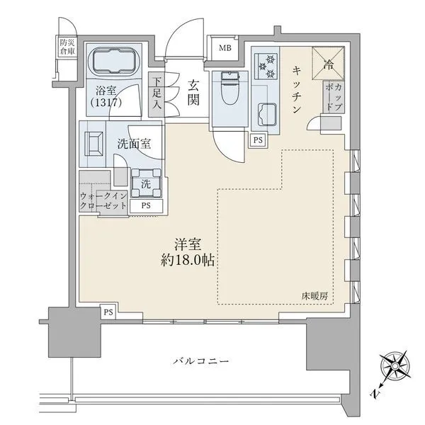 ブリリア品川キャナルサイド 防災倉庫（０．２７平米）とウォークインクローゼット付のワンルームタイプの住戸。