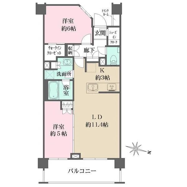 グローリオ笹塚 約14.4帖のLDKを中心に、5帖の洋室を2部屋配置した使い勝手の良い2LDK。