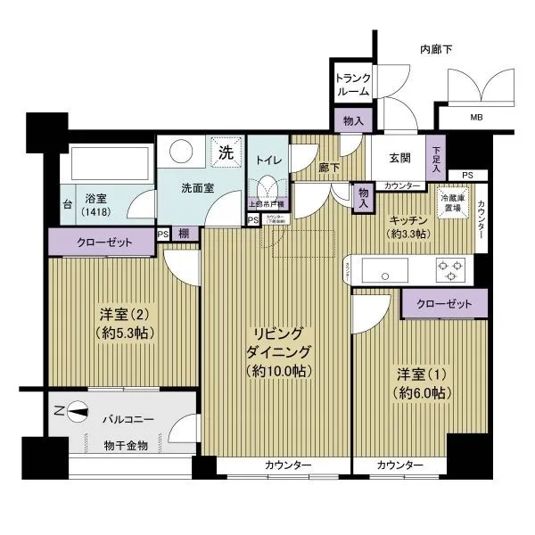 ブライトスクエア ２ＬＤＫ、５８m2、眺望良好な１２階部分のお部屋です