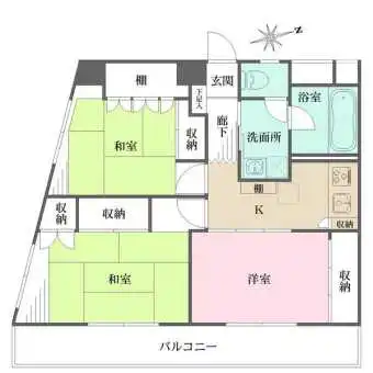 南東向きバルコニーが2室に跨り、陽当り・通風良好。キッチンと洋室は一体利用可能。全居室収納付きです。