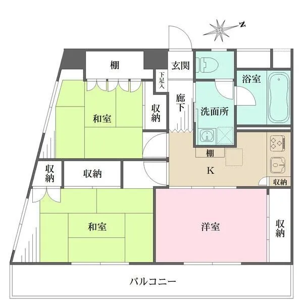 世紀コーポ大森東 南東向きバルコニーが2室に跨り、陽当り・通風良好。キッチンと洋室は一体利用可能。全居室収納付きです。