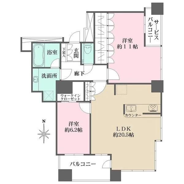 エルグレースタワー大阪同心 約20.5帖の広々としたLDK。角住戸のため全居室に開口部があり開放感のある間取りです。