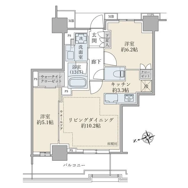 ブリリアタワー聖蹟桜ヶ丘ブルーミングレジデンス ２ＬＤＫ、専有面積５６．５４ｍ２、バルコニー面積８．７６ｍ２