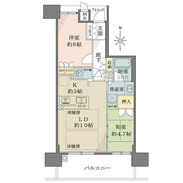 BELISTA大津駅前 LDには2面の床暖房有り。廊下収納や押入など、収納豊富です。玄関先にはアルコーブがございます。