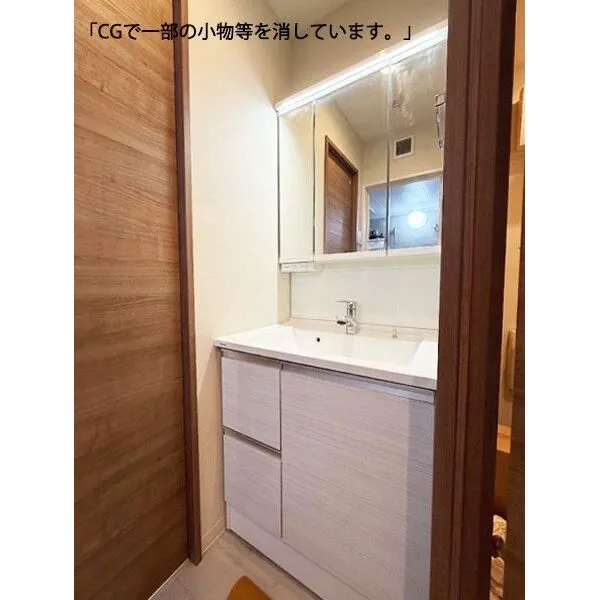 ダイアパレス三ノ輪 三面鏡付き洗面化粧台を採用。収納力も備え、身支度やお手入れを快適に行える洗面です。家具消し加工済