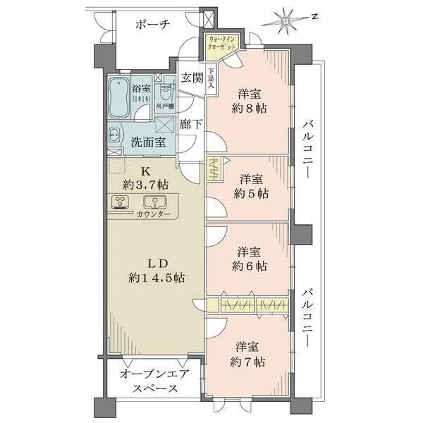 グランシティ練馬春日町II 通風良好な角住戸。洗面室はキッチン・廊下から出入り可能で、動線良好。エスコートポーチ付きです。