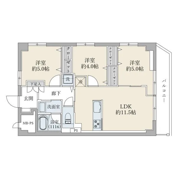 上町マンション 専有面積５９．２２平米／３ＬＤＫ／南向き角住戸