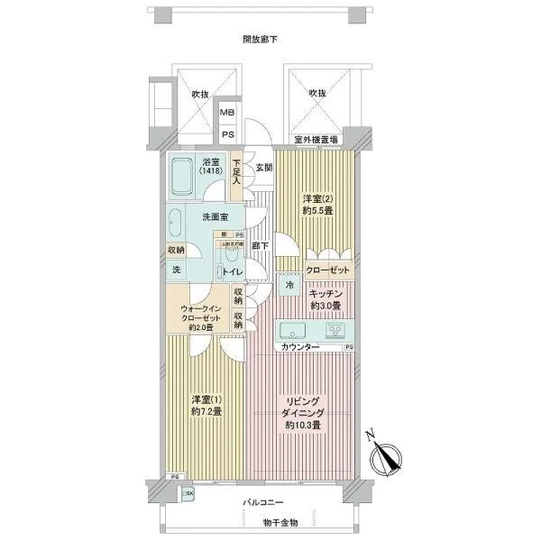 ルミナス島津山 3階部分・62.10m2・2LDKの間取り