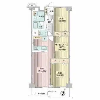 専有面積67.2m2の2LDK＋Sの間取り