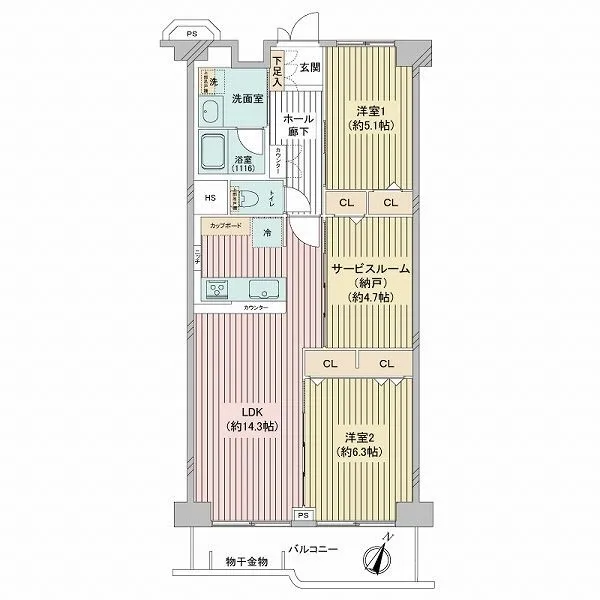 シャルム綾瀬 専有面積67.2m2の2LDK＋Sの間取り