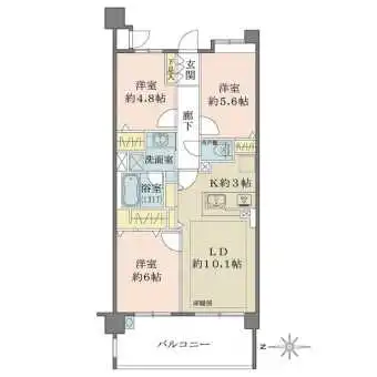 2部屋に跨る西向きバルコニー。スロップシンク付きです。LDに床暖房搭載。全居室に収納がございます。