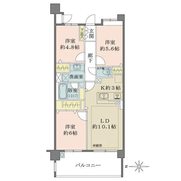 コスモ北新横濱ステーションフロント 2部屋に跨る西向きバルコニー。スロップシンク付きです。LDに床暖房搭載。全居室に収納がございます。
