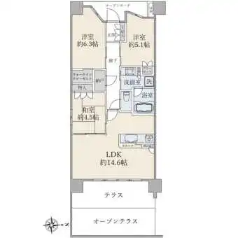 ３ＬＤＫ＋ＷＩＣ＋Ｓ｜６８．４５平米｜東向き｜テラス・オープンテラス付