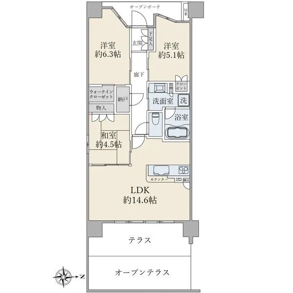 ブリリアシティ千里丘 ３ＬＤＫ＋ＷＩＣ＋Ｓ｜６８．４５平米｜東向き｜テラス・オープンテラス付