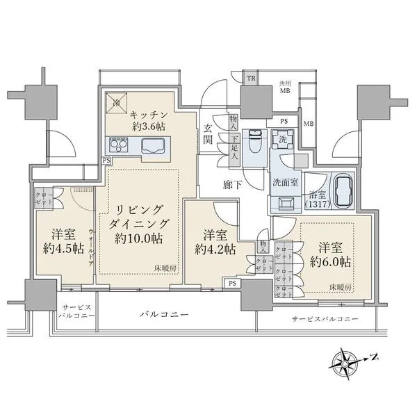 ブリリア聖蹟桜ヶ丘ブルーミングテラス ３ＬＤＫ、専有面積６６．８６ｍ２、バルコニー面積１４．５５ｍ２（サービスバルコニー面積も含む）
