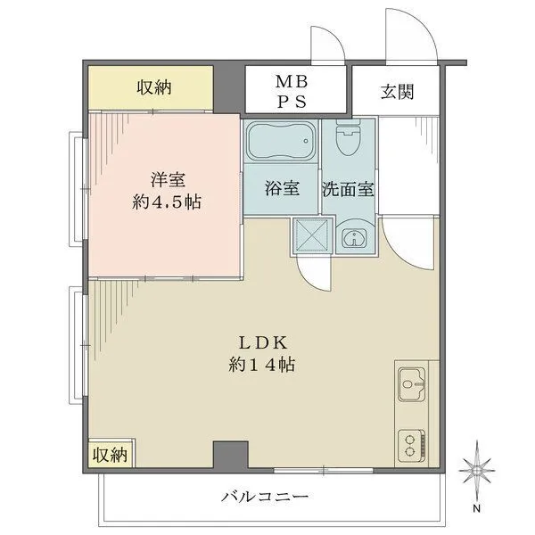 朝日プラザ東天満 約14帖のLDKは洋室と一体利用し、広く活用可能。壁付けのキッチンには便利な吊戸棚が備わっています。