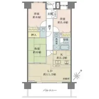 南東向きバルコニー面いっぱいに間口を確保した開放感あふれるリビングダイニングが印象的な3LDK